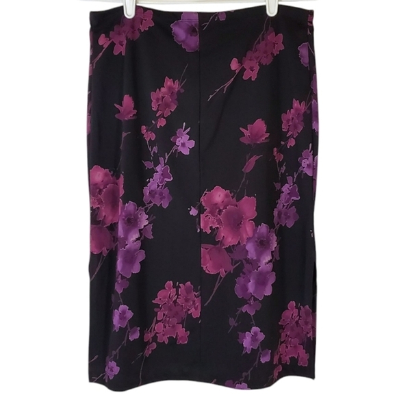 2229 * La Belle Floral Midi Skirt Black Purple Size M Vintage Made In USA - Picture 2 of 8